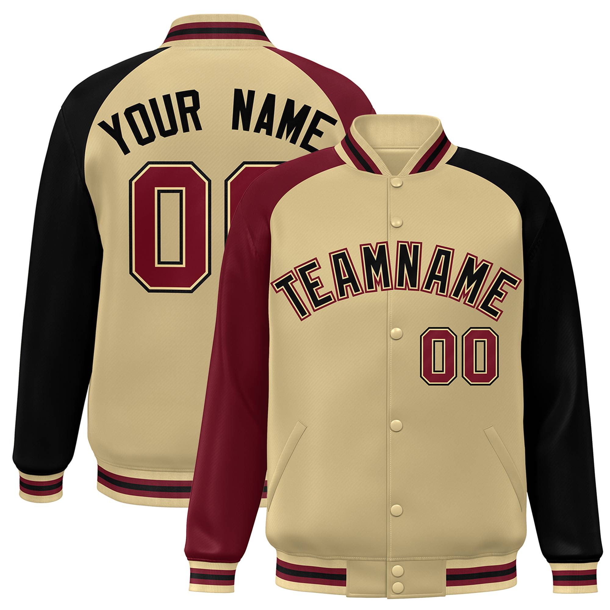 Custom Khaki Black-Crimson Varsity Full-Snap Authentic Raglan Sleeves Letterman Bomber Jacket