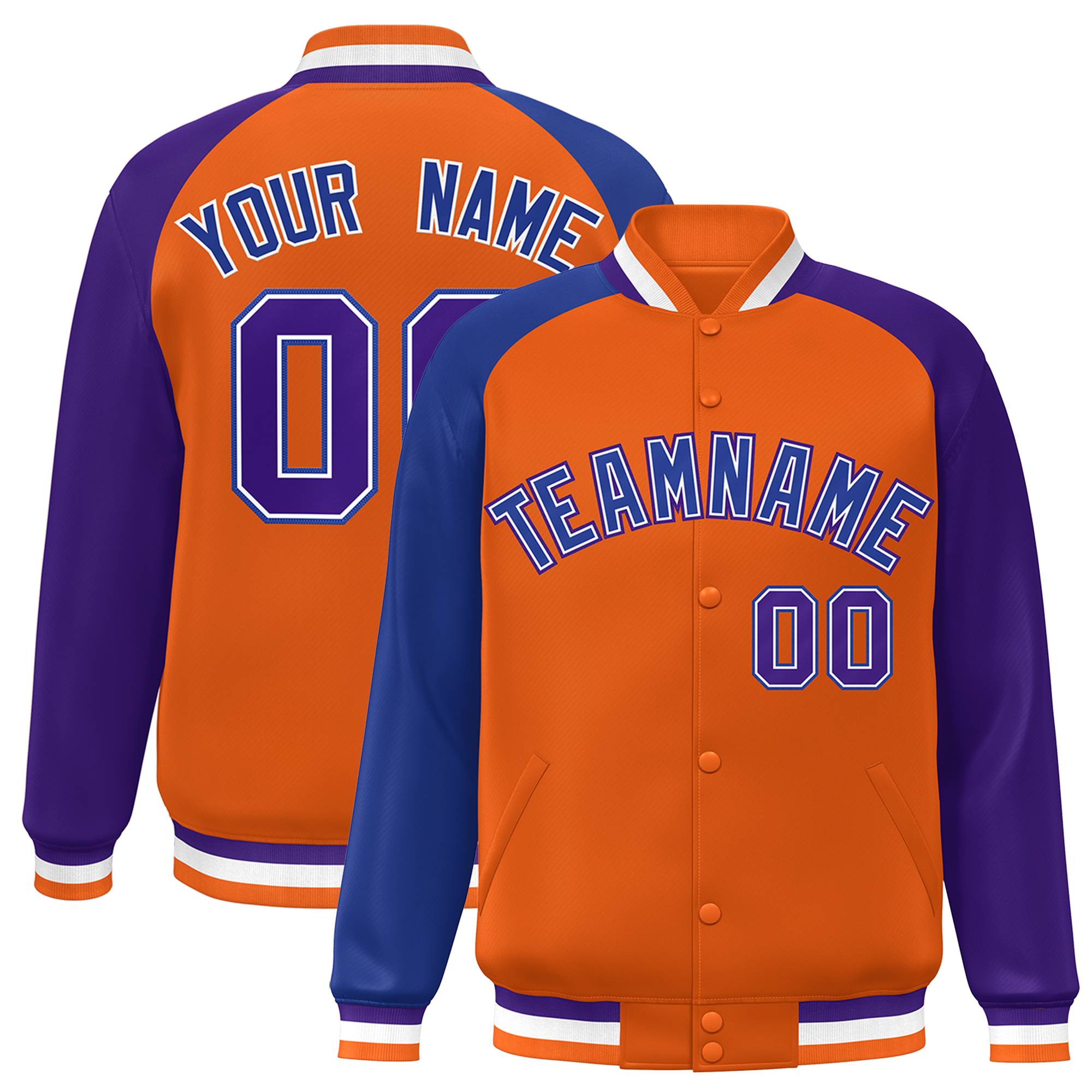 Custom Orange Purple-Royal Varsity Full-Snap Authentic Raglan Sleeves Letterman Bomber Jacket