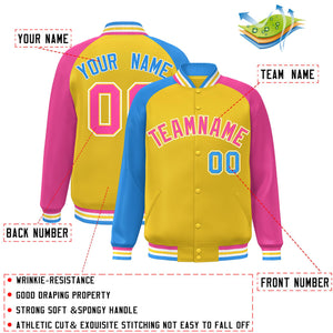 Custom Gold Pink-Powder Blue Varsity Full-Snap Authentic Raglan Sleeves Letterman Bomber Jacket