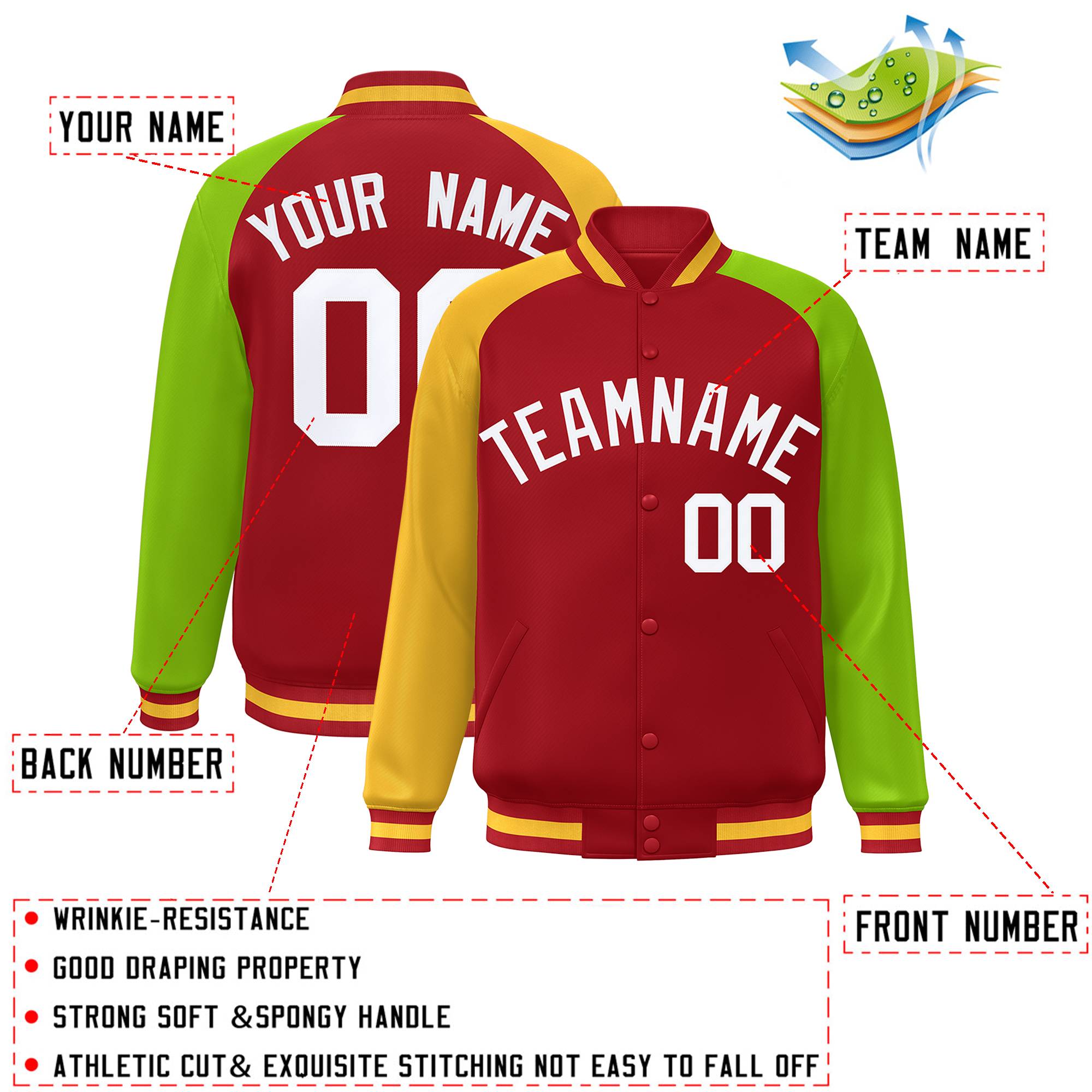 Custom Red Neon Green-Gold Varsity Full-Snap Authentic Raglan Sleeves Letterman Bomber Jacket