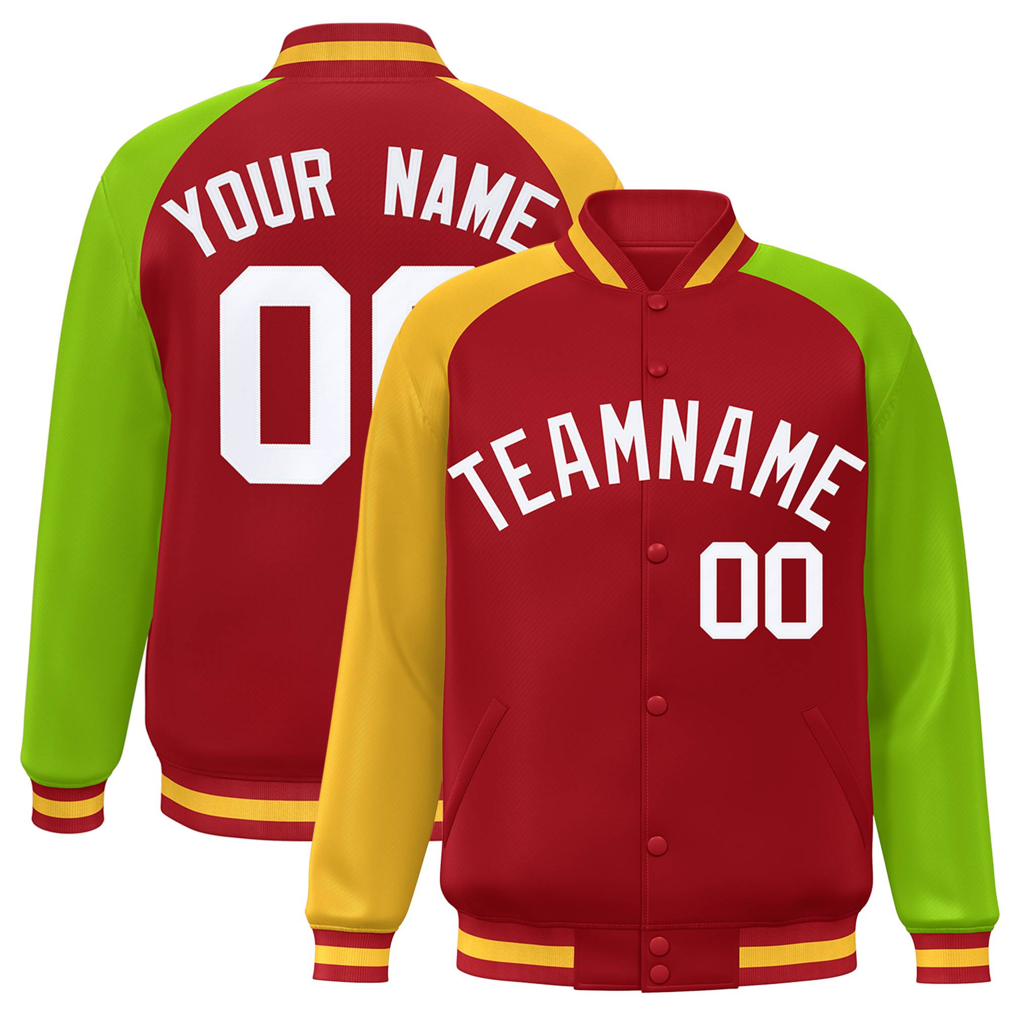 Custom Red Neon Green-Gold Varsity Full-Snap Authentic Raglan Sleeves Letterman Bomber Jacket