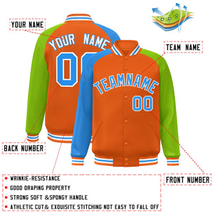 Custom Orange Neon Green-Powder Blue Varsity Full-Snap Authentic Raglan Sleeves Letterman Bomber Jacket