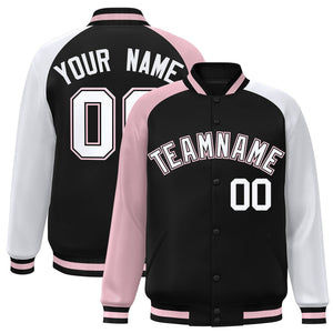 Custom Black White-Light Pink Varsity Full-Snap Authentic Raglan Sleeves Letterman Bomber Jacket