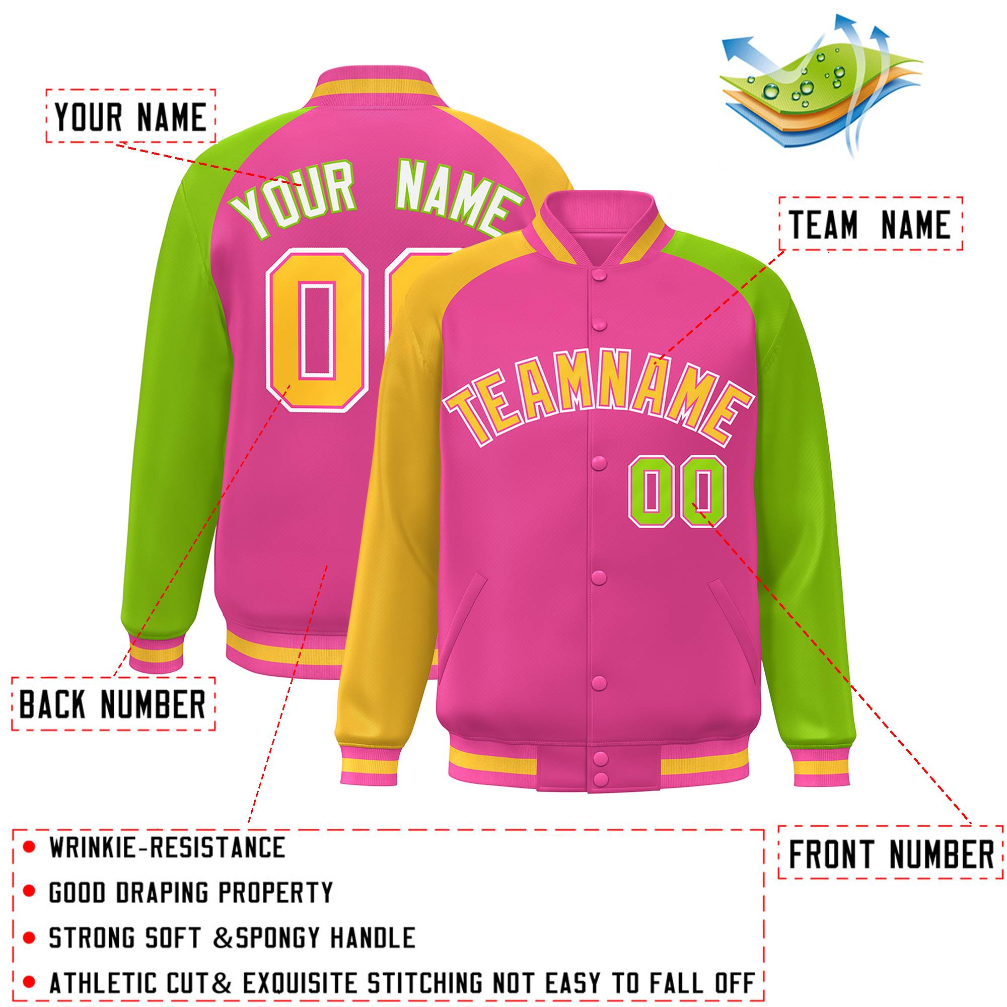 Custom Orange Neon Green-Gold Varsity Full-Snap Authentic Raglan Sleeves Letterman Bomber Jacket