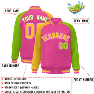 Custom Orange Neon Green-Gold Varsity Full-Snap Authentic Raglan Sleeves Letterman Bomber Jacket