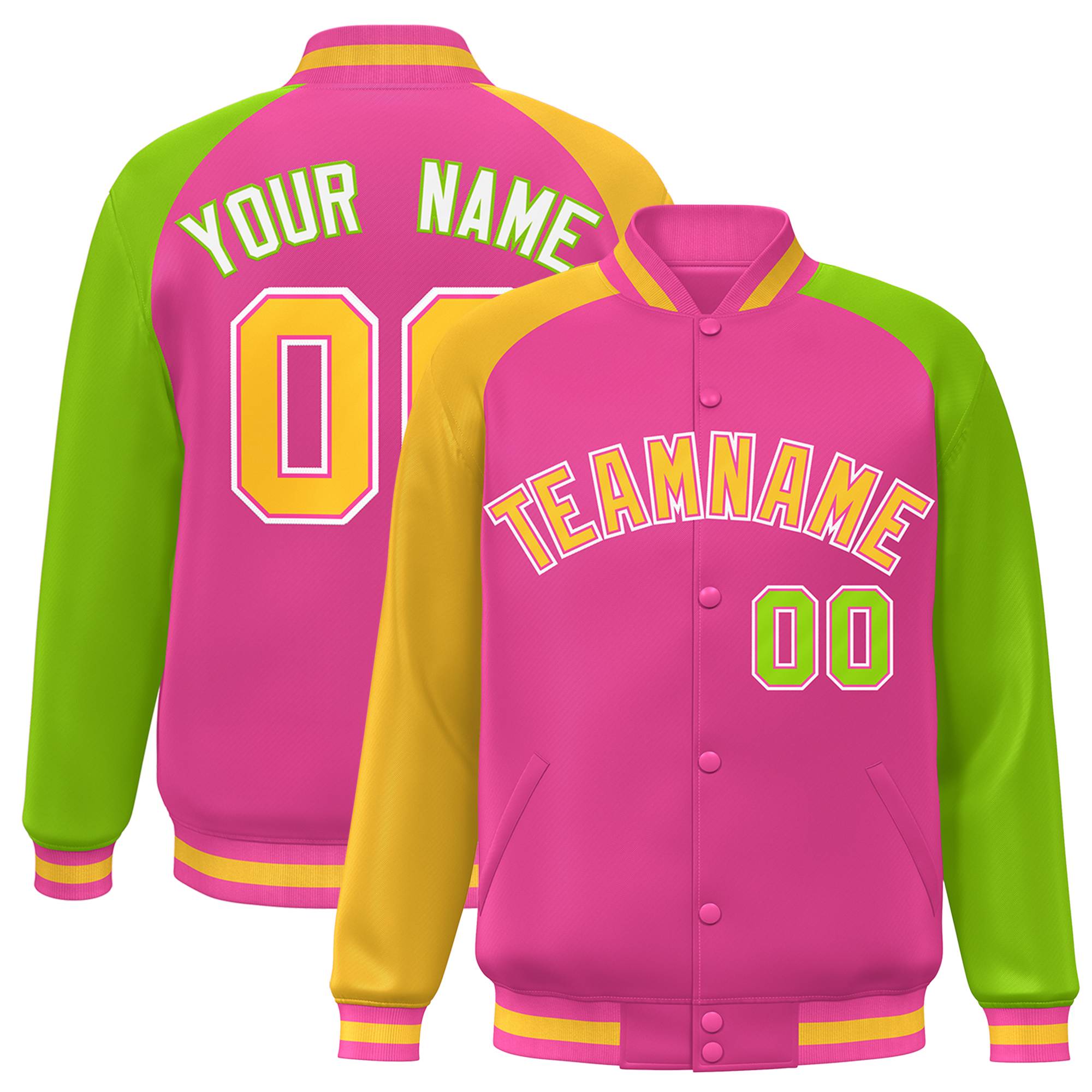 Custom Orange Neon Green-Gold Varsity Full-Snap Authentic Raglan Sleeves Letterman Bomber Jacket