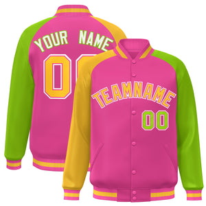 Custom Orange Neon Green-Gold Varsity Full-Snap Authentic Raglan Sleeves Letterman Bomber Jacket