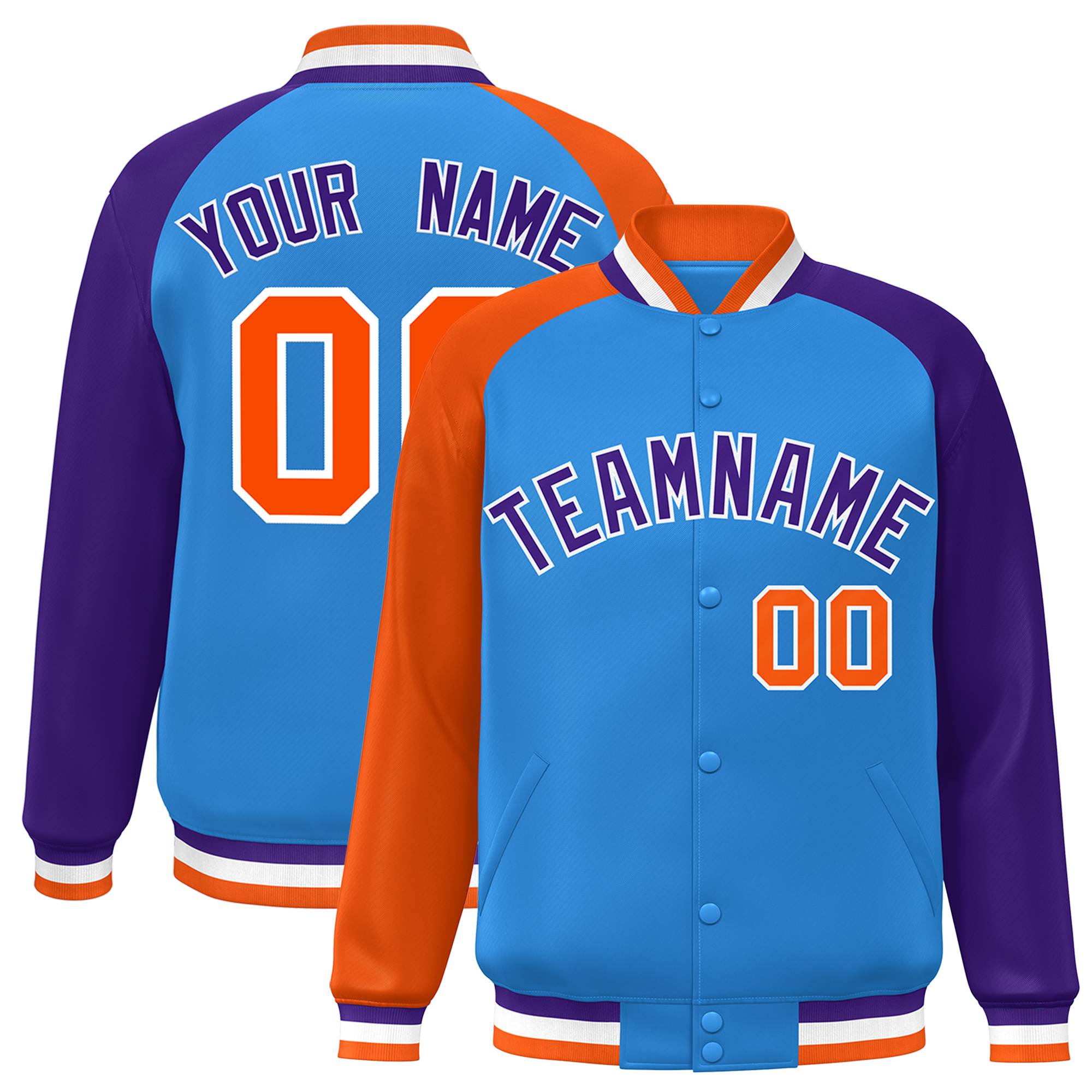 Custom Powder Blue Purple-Orange Varsity Full-Snap Authentic Raglan Sleeves Letterman Bomber Jacket