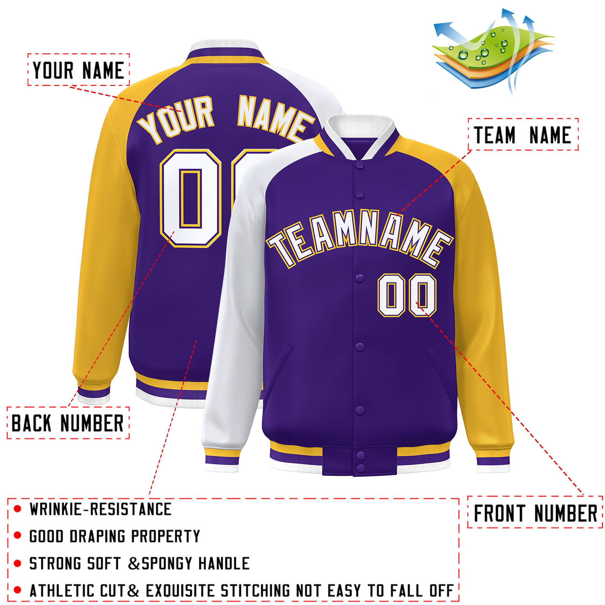 Custom Purple Gold-White Varsity Full-Snap Authentic Raglan Sleeves Letterman Bomber Jacket