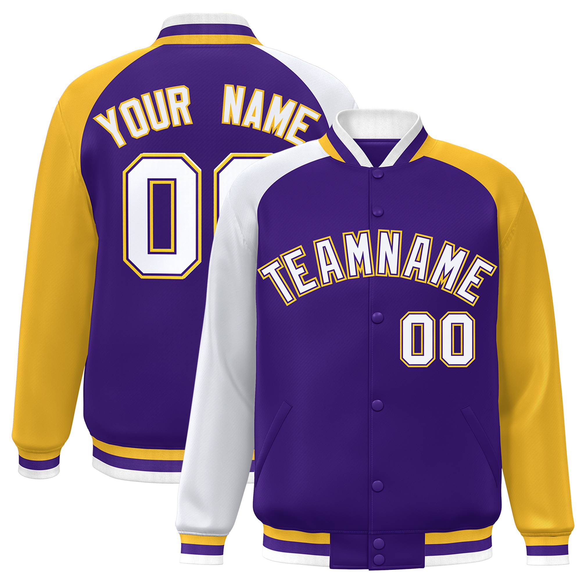 Custom Purple Gold-White Varsity Full-Snap Authentic Raglan Sleeves Letterman Bomber Jacket