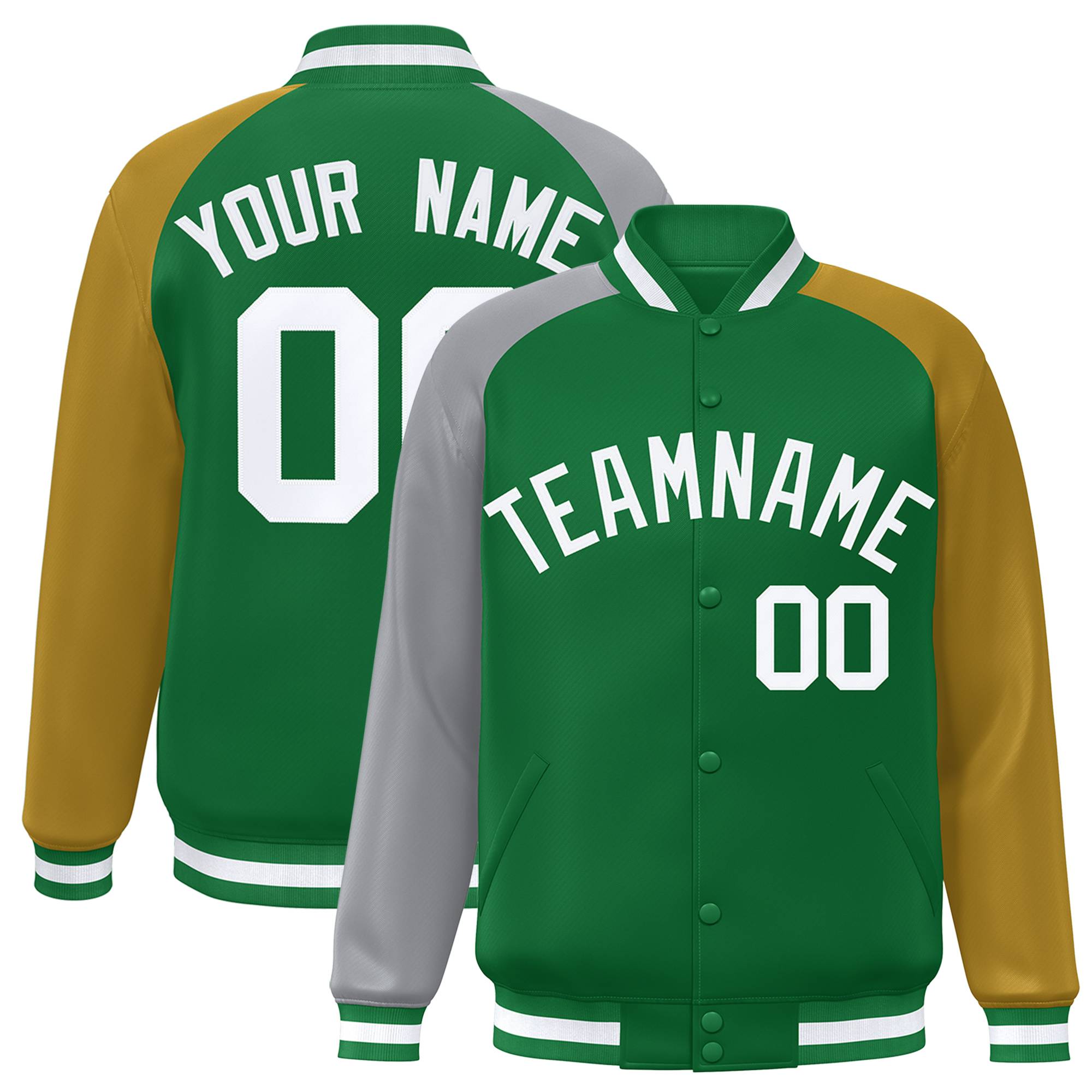 Custom Kelly Green Gold-Gray Varsity Full-Snap Authentic Raglan Sleeves Letterman Bomber Jacket