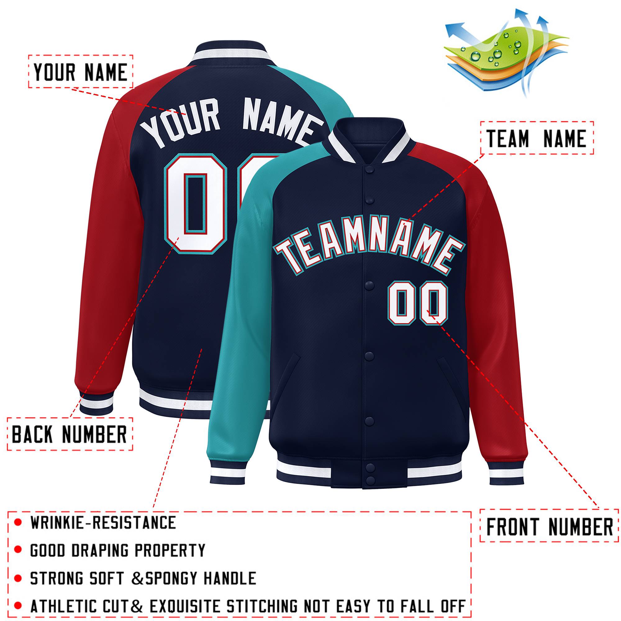 Custom Navy Red-Aqua Varsity Full-Snap Authentic Raglan Sleeves Letterman Bomber Jacket