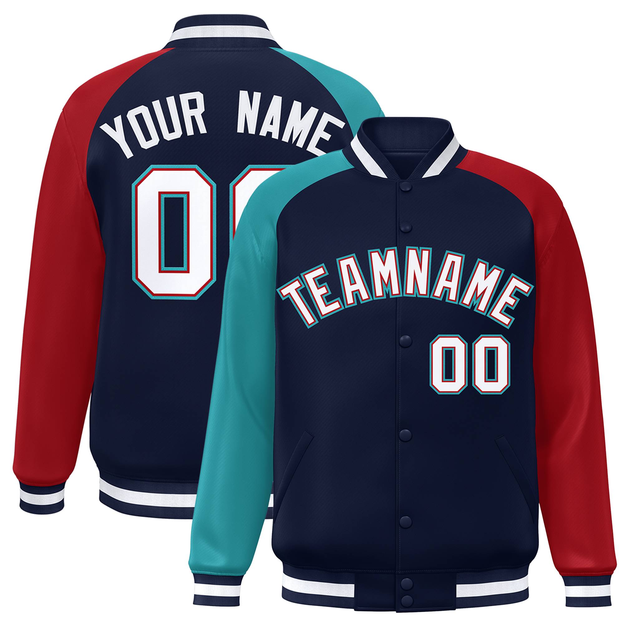 Custom Navy Red-Aqua Varsity Full-Snap Authentic Raglan Sleeves Letterman Bomber Jacket