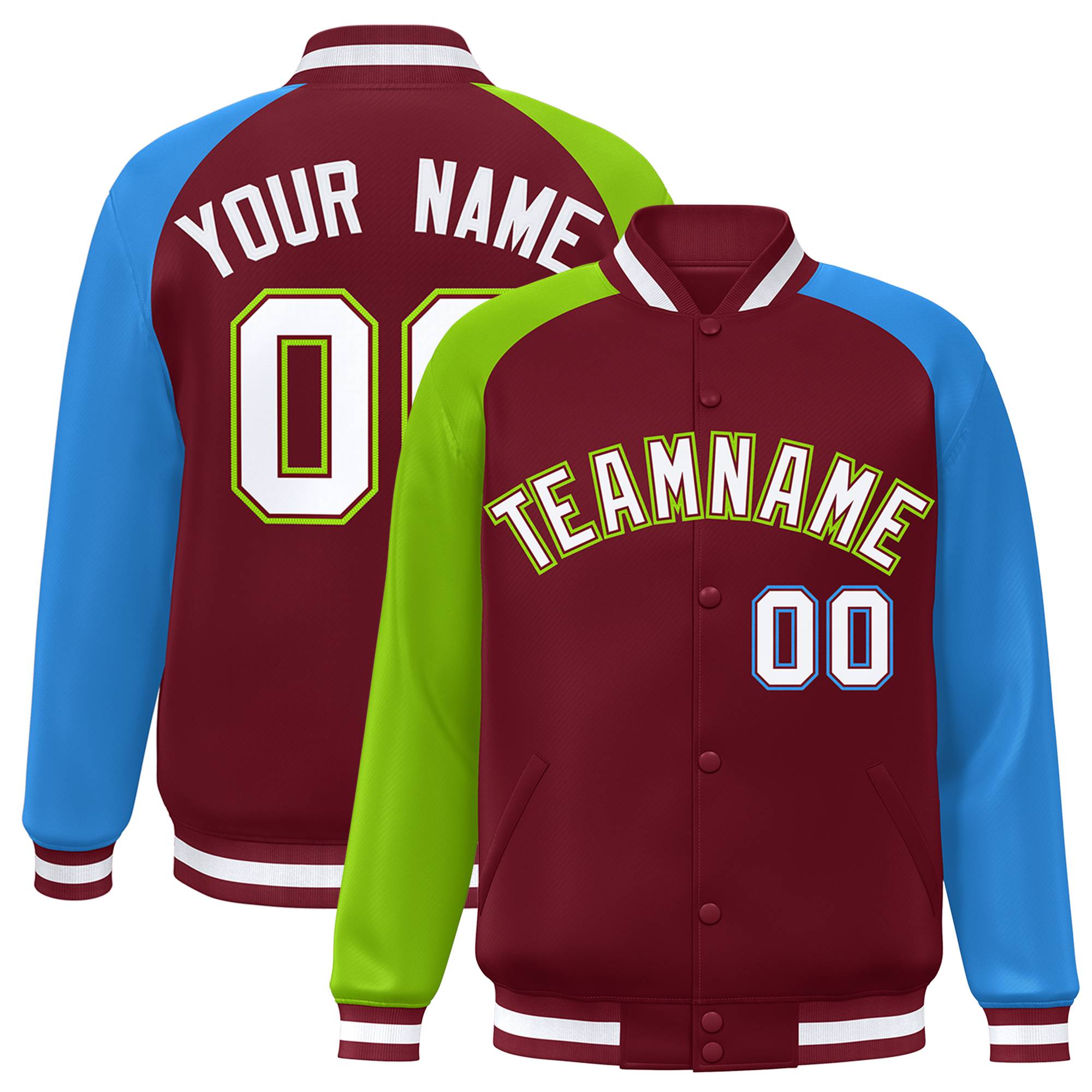 Custom Crimson Powder Blue-Neon Green Varsity Full-Snap Authentic Raglan Sleeves Letterman Bomber Jacket