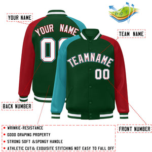 Custom Green Red-Aqua Varsity Full-Snap Authentic Raglan Sleeves Letterman Bomber Jacket