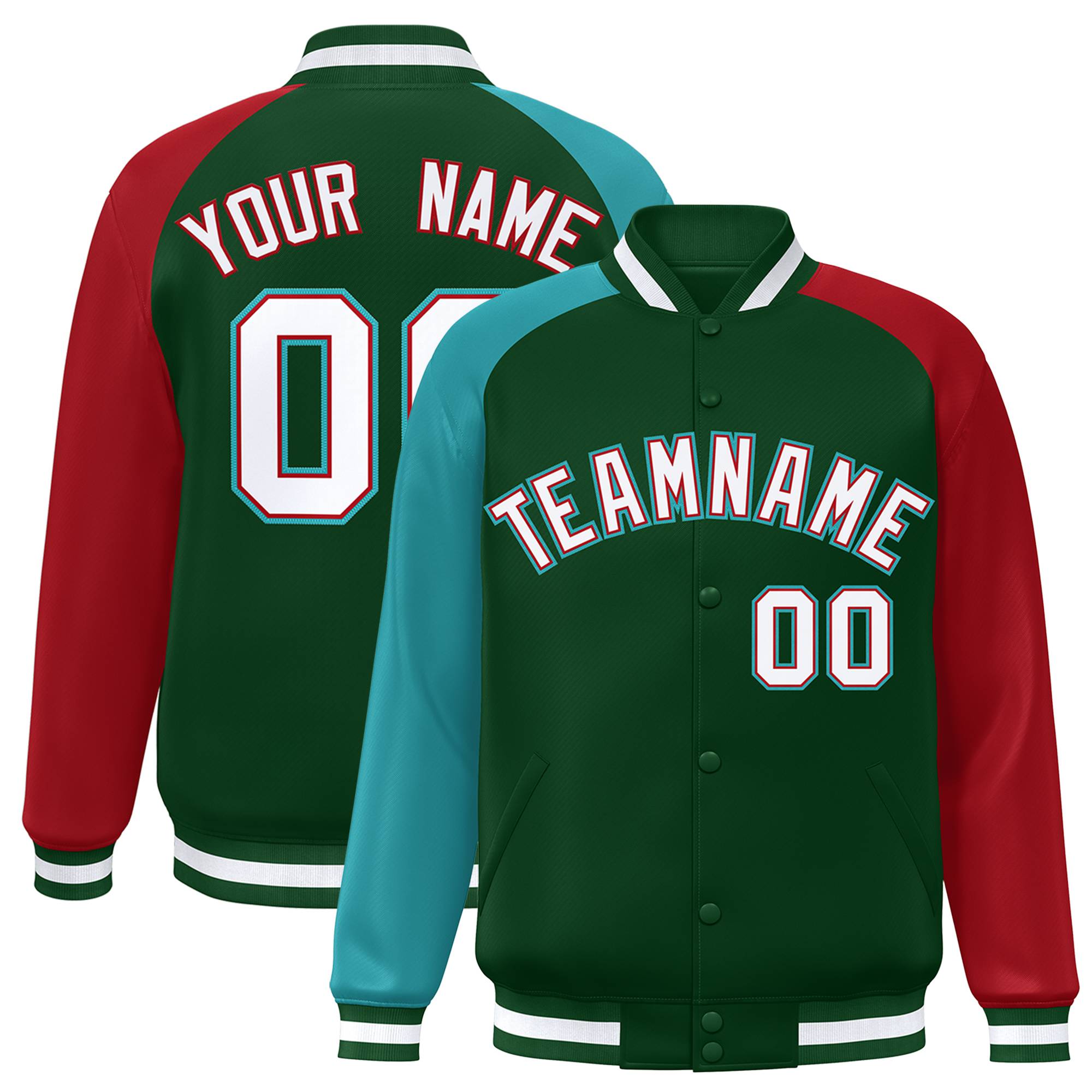 Custom Green Red-Aqua Varsity Full-Snap Authentic Raglan Sleeves Letterman Bomber Jacket