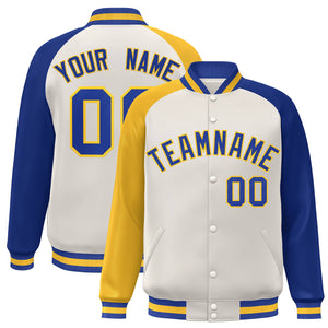 Custom Cream Royal-Gold Varsity Full-Snap Authentic Raglan Sleeves Letterman Bomber Jacket