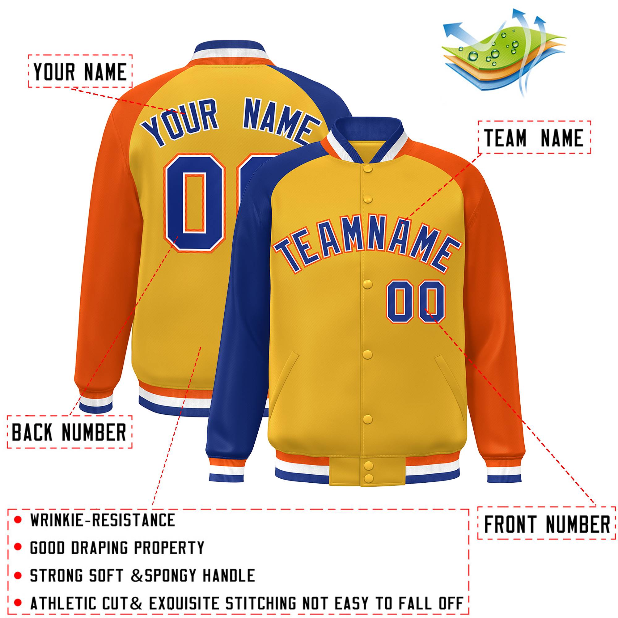 Custom Gold Orange-Royal Varsity Full-Snap Authentic Raglan Sleeves Letterman Bomber Jacket