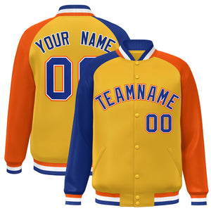 Custom Gold Orange-Royal Varsity Full-Snap Authentic Raglan Sleeves Letterman Bomber Jacket