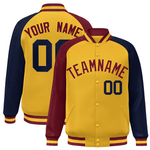 Custom Gold Navy-Crimson Varsity Full-Snap Authentic Raglan Sleeves Letterman Bomber Jacket