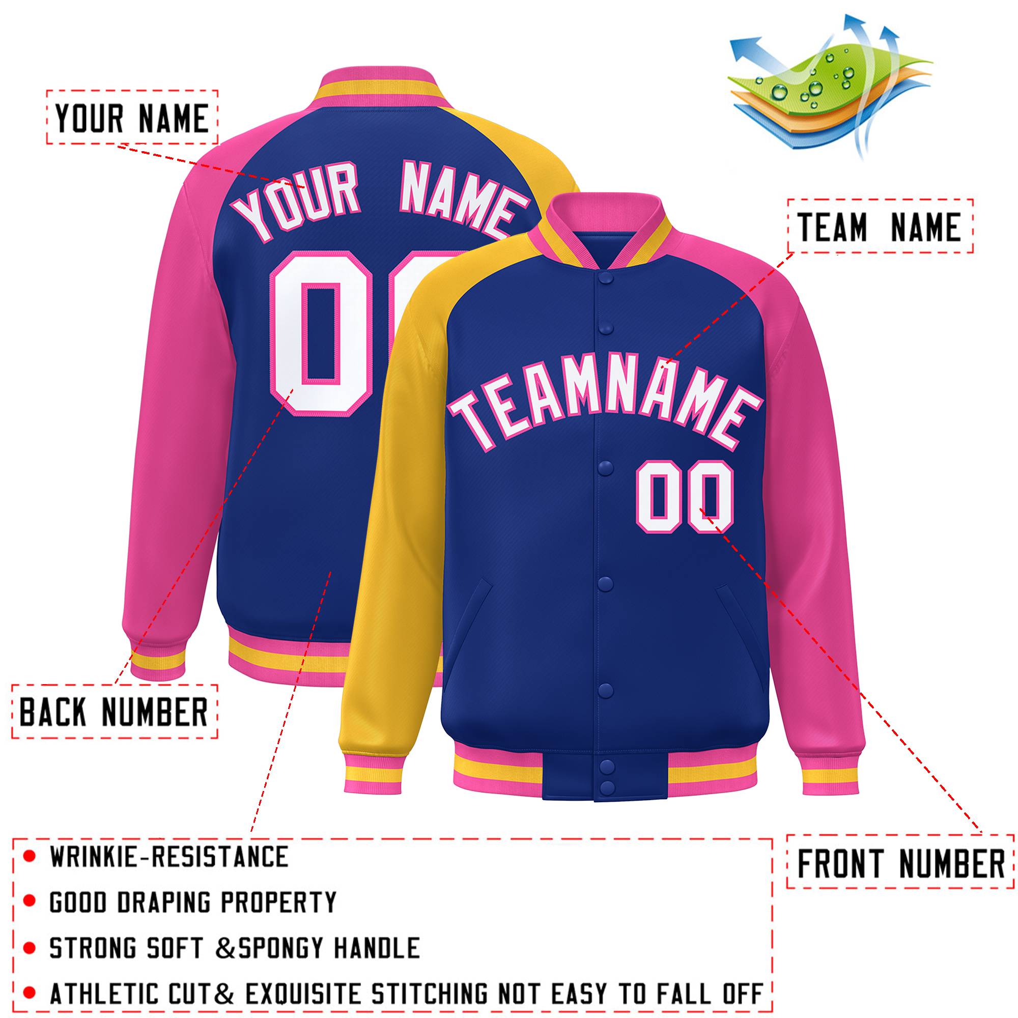 Custom Royal Pink-Gold Varsity Full-Snap Authentic Raglan Sleeves Letterman Bomber Jacket