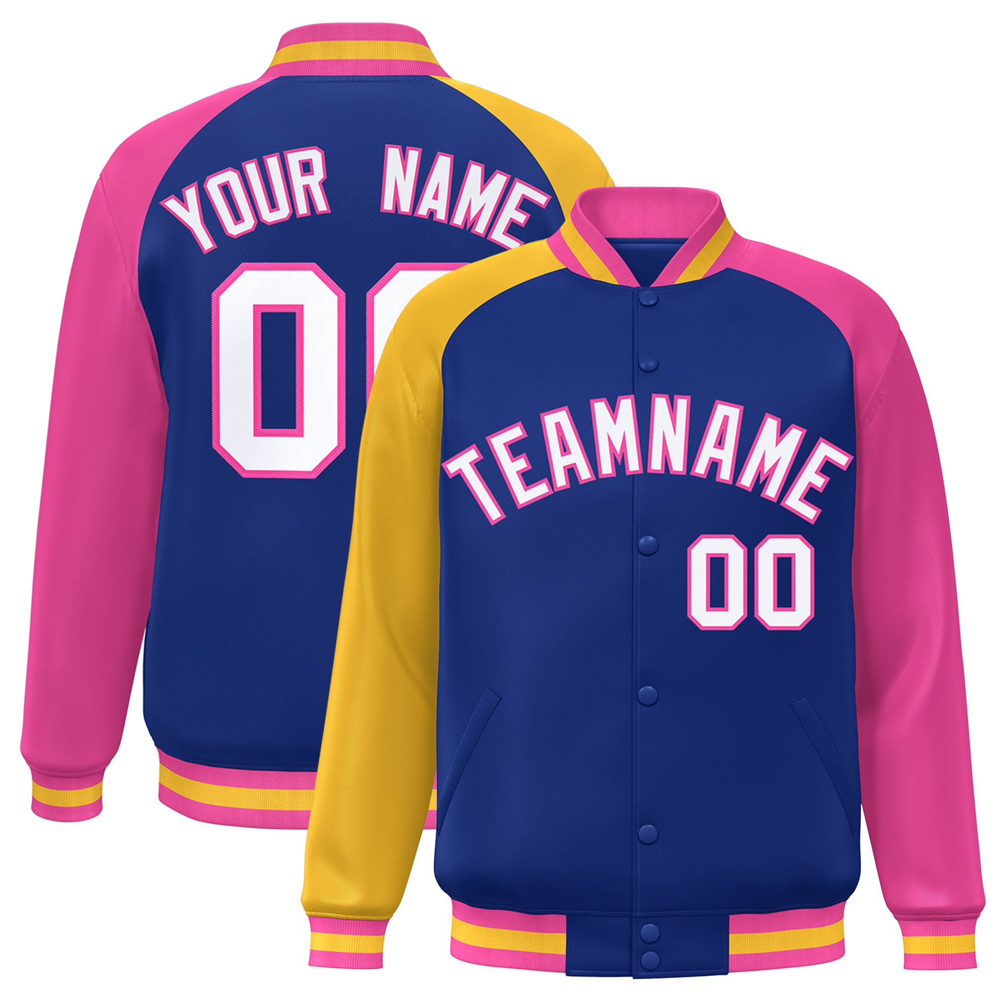 Custom Royal Pink-Gold Varsity Full-Snap Authentic Raglan Sleeves Letterman Bomber Jacket