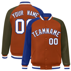 Custom Texas Orange Olive-Royal Varsity Full-Snap Authentic Raglan Sleeves Letterman Bomber Jacket