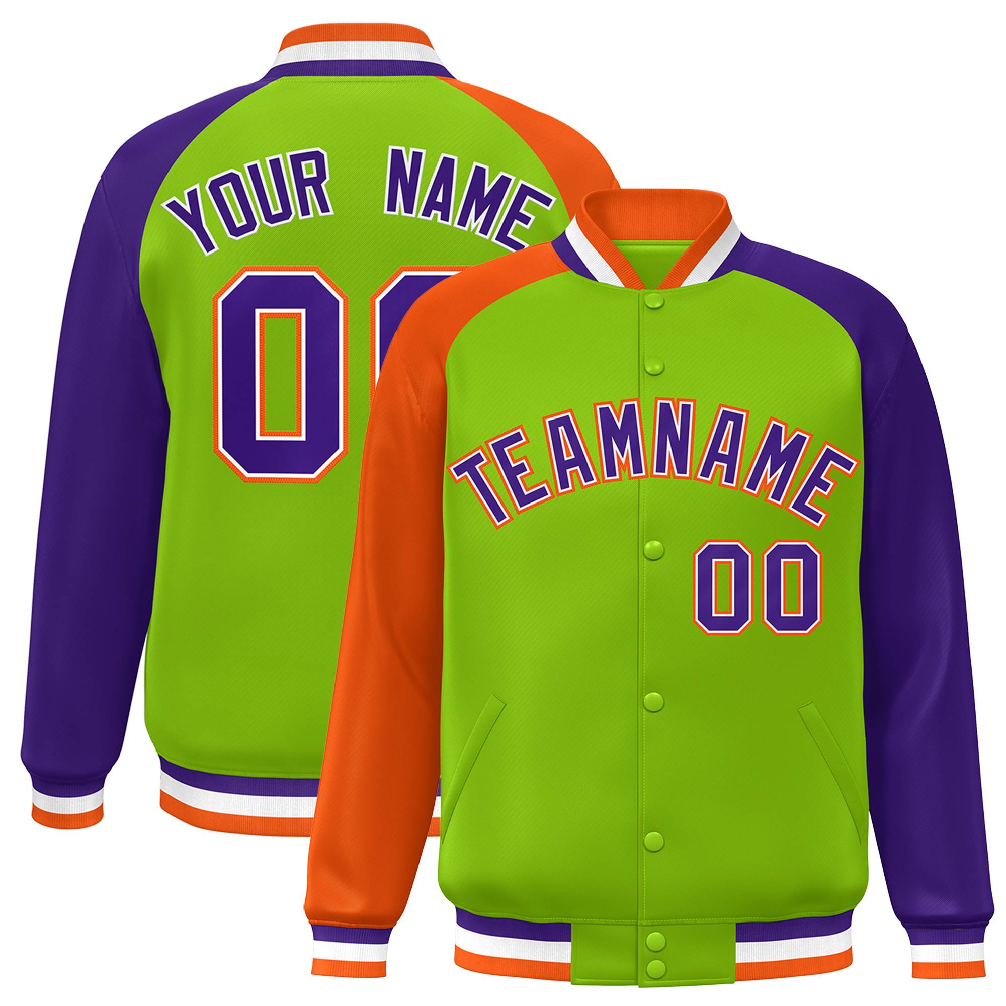 Custom Neon Green Purple-Orange Varsity Full-Snap Authentic Raglan Sleeves Letterman Bomber Jacket