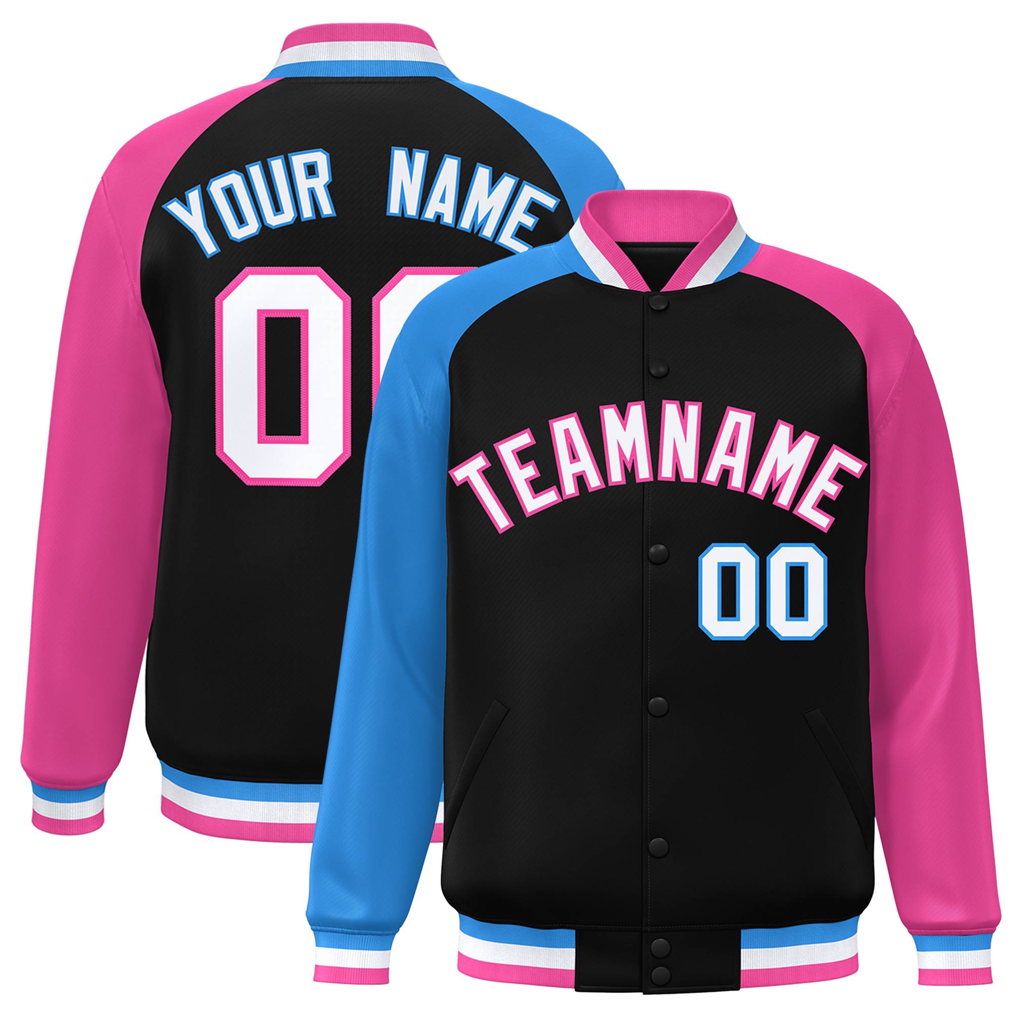 Custom Black Pink-Powder Blue Varsity Full-Snap Authentic Raglan Sleeves Letterman Bomber Jacket