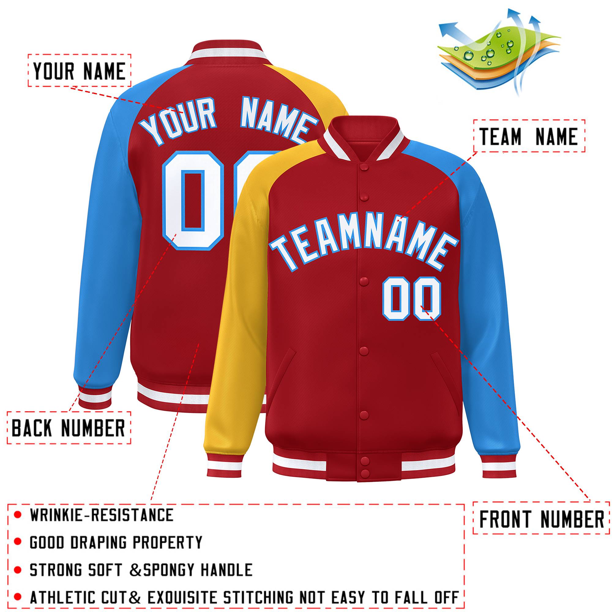 Custom Red Powder Blue-Gold Varsity Full-Snap Authentic Raglan Sleeves Letterman Bomber Jacket