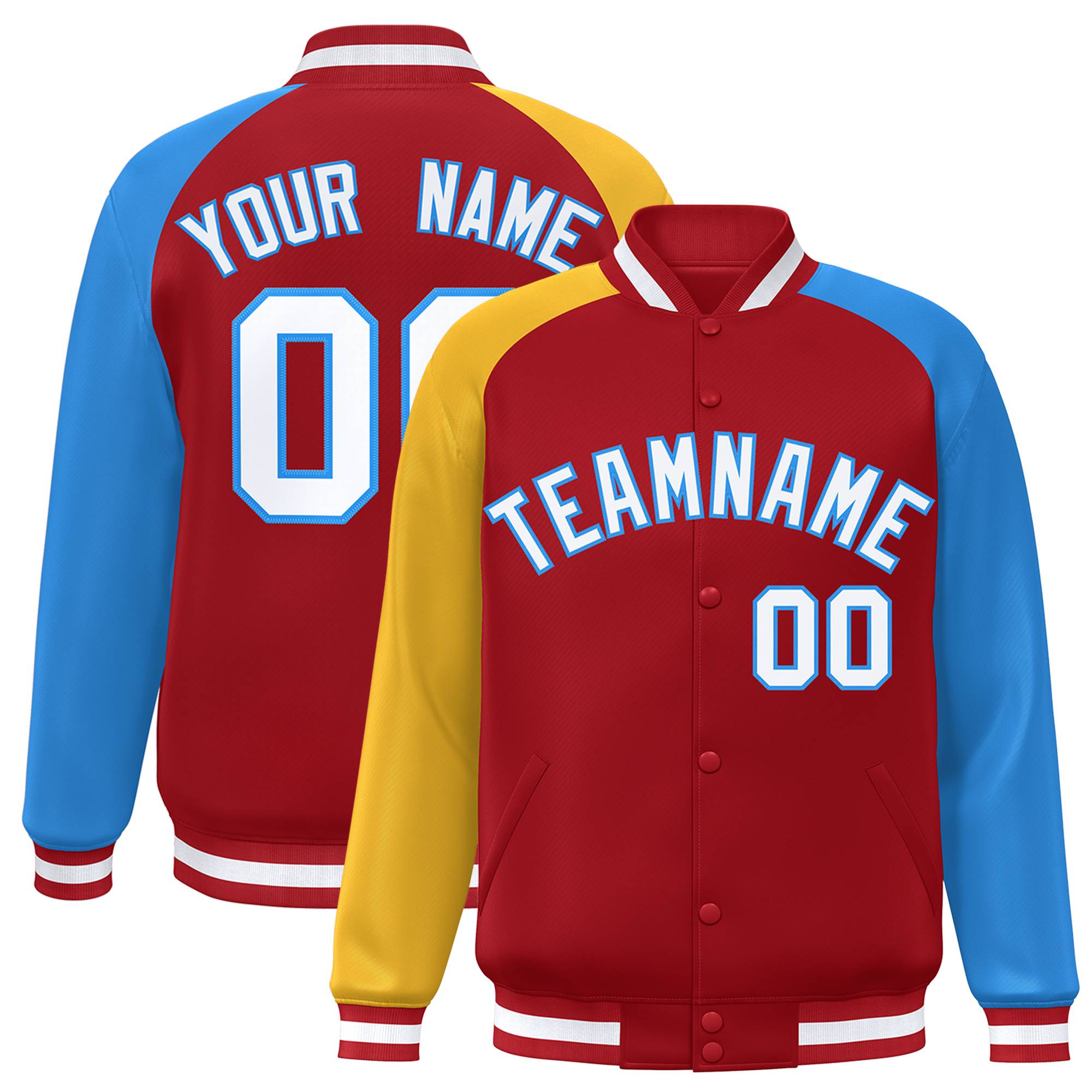 Custom Red Powder Blue-Gold Varsity Full-Snap Authentic Raglan Sleeves Letterman Bomber Jacket