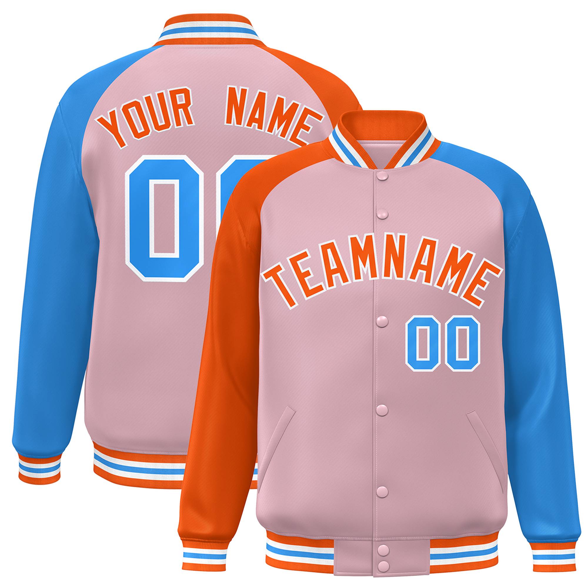 Custom Light Pink Powder Blue-Orange Varsity Full-Snap Authentic Raglan Sleeves Letterman Bomber Jacket