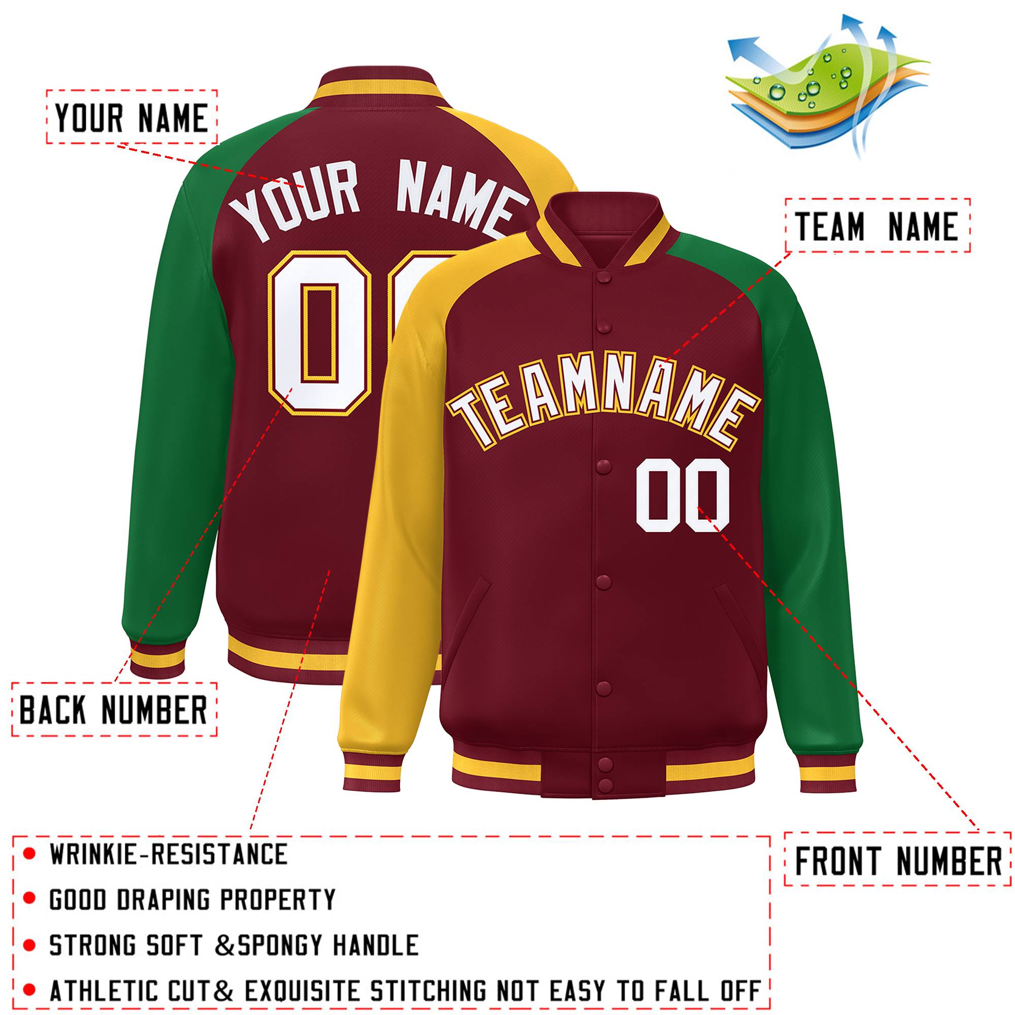 Custom Crimson Kelly Green-Gold Varsity Full-Snap Authentic Raglan Sleeves Letterman Bomber Jacket