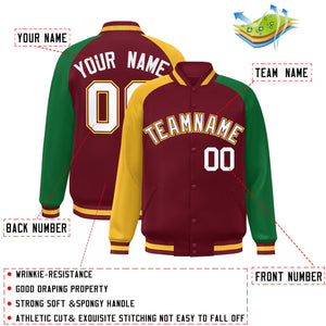 Custom Crimson Kelly Green-Gold Varsity Full-Snap Authentic Raglan Sleeves Letterman Bomber Jacket