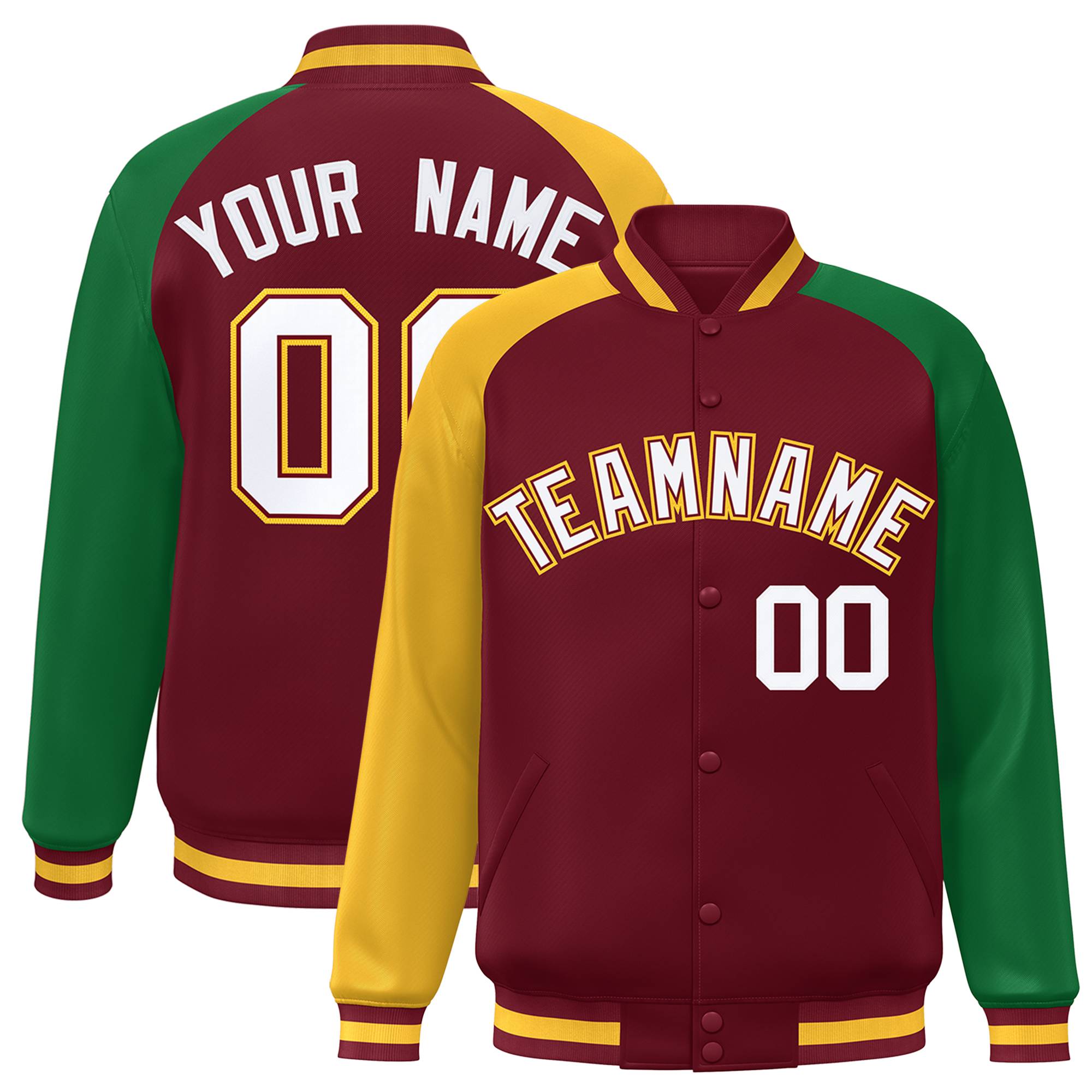 Custom Crimson Kelly Green-Gold Varsity Full-Snap Authentic Raglan Sleeves Letterman Bomber Jacket