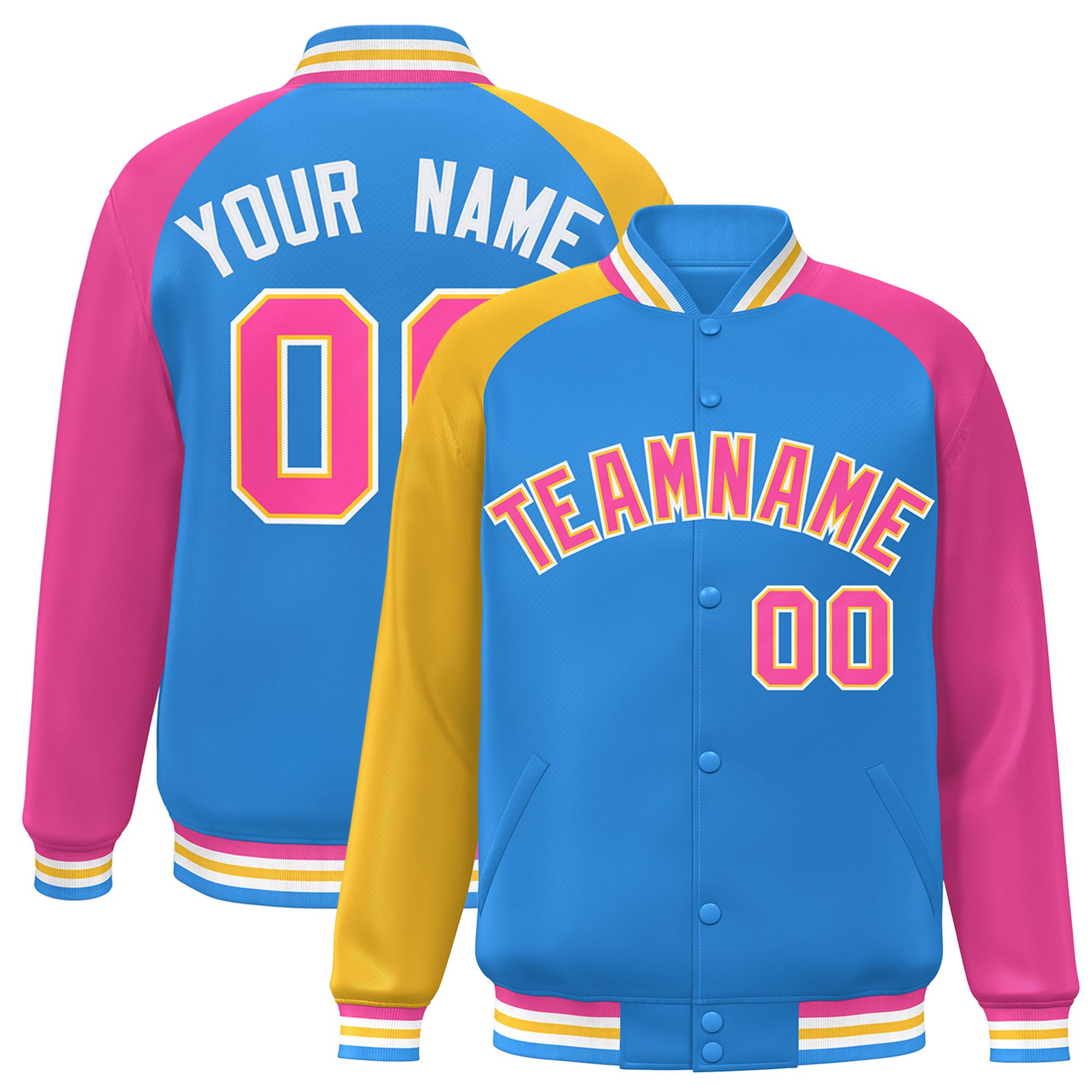 Custom Powder Blue Pink-Gold Varsity Full-Snap Authentic Raglan Sleeves Letterman Bomber Jacket