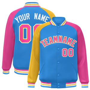 Custom Powder Blue Pink-Gold Varsity Full-Snap Authentic Raglan Sleeves Letterman Bomber Jacket