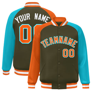 Custom Olive Sky Blue-Orange Varsity Full-Snap Authentic Raglan Sleeves Letterman Bomber Jacket