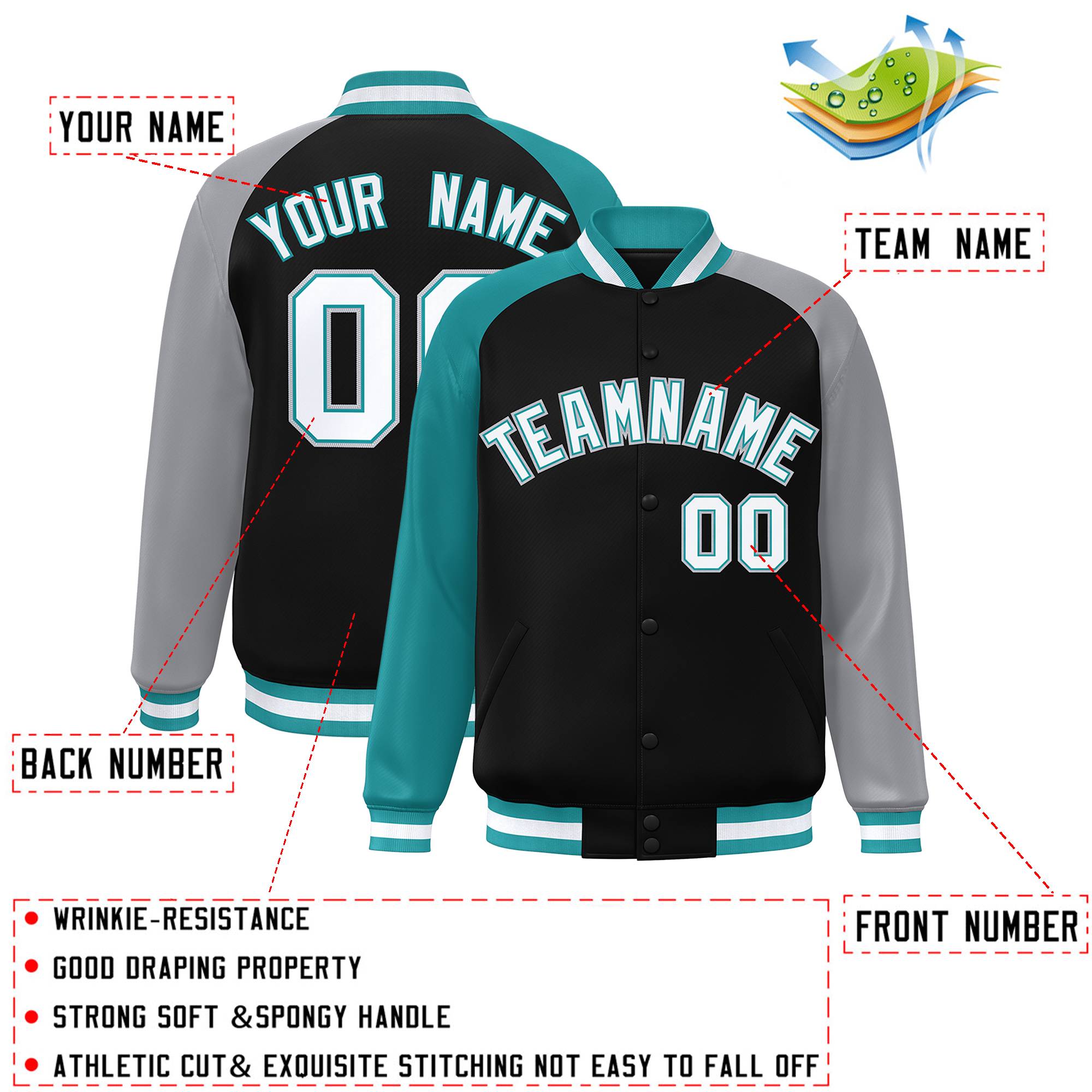 Custom Black Gray-Aqua Varsity Full-Snap Authentic Raglan Sleeves Letterman Bomber Jacket