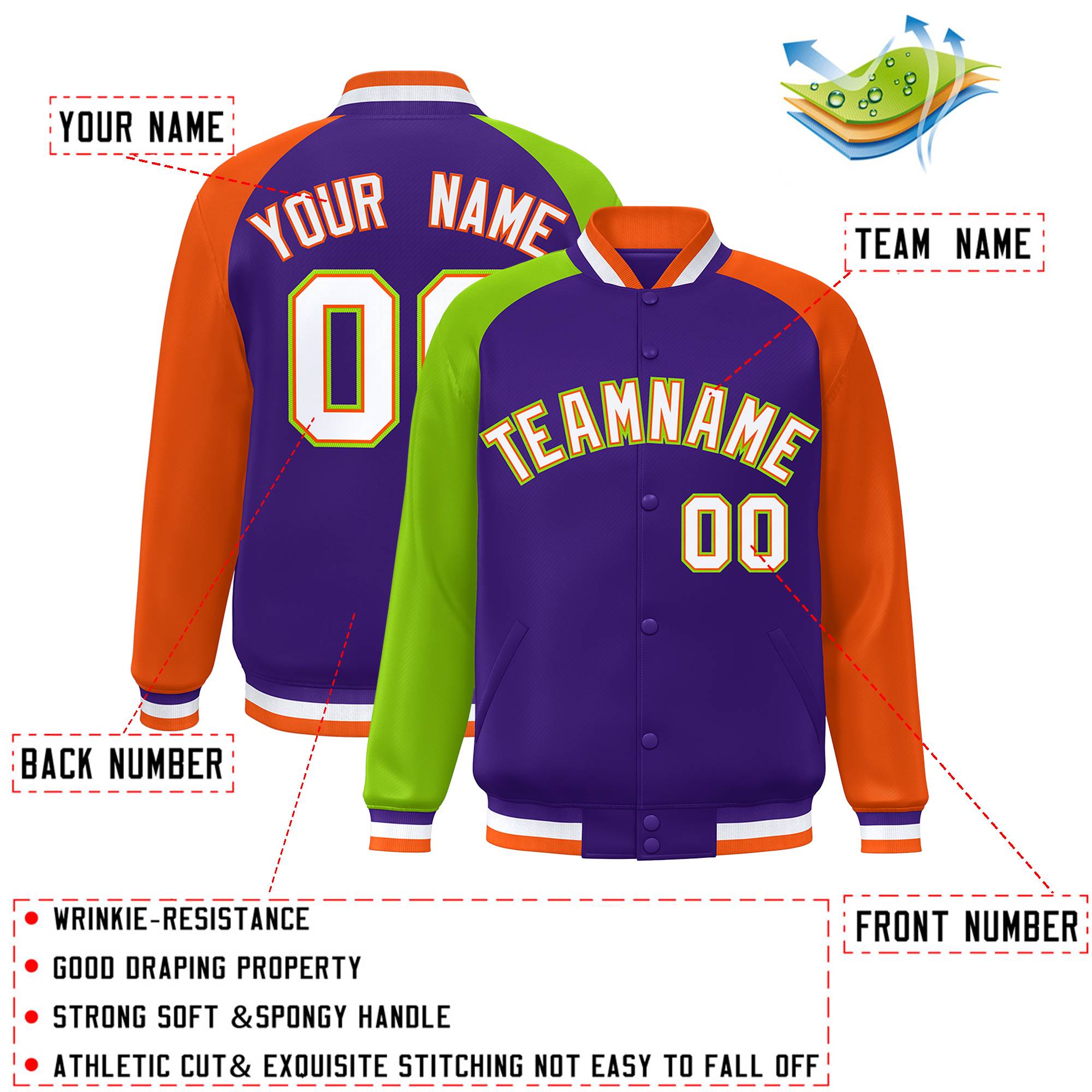 Custom Purple Orange-Neon Green Varsity Full-Snap Authentic Raglan Sleeves Letterman Bomber Jacket