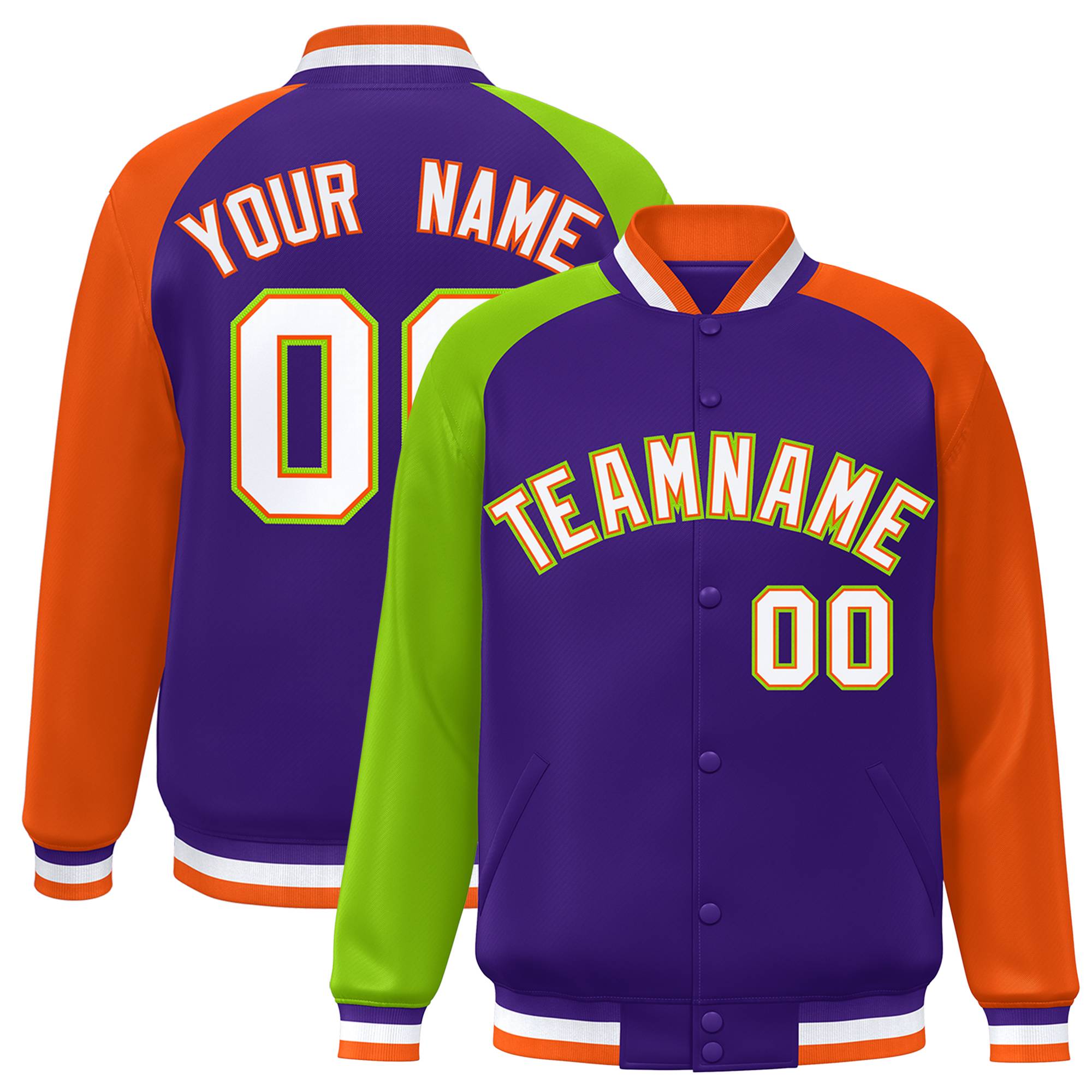 Custom Purple Orange-Neon Green Varsity Full-Snap Authentic Raglan Sleeves Letterman Bomber Jacket