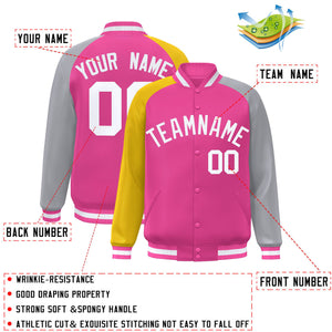 Custom Pink Gray-Gold Varsity Full-Snap Authentic Raglan Sleeves Letterman Bomber Jacket