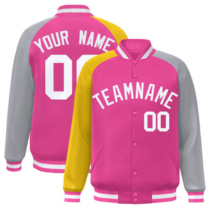 Custom Pink Gray-Gold Varsity Full-Snap Authentic Raglan Sleeves Letterman Bomber Jacket