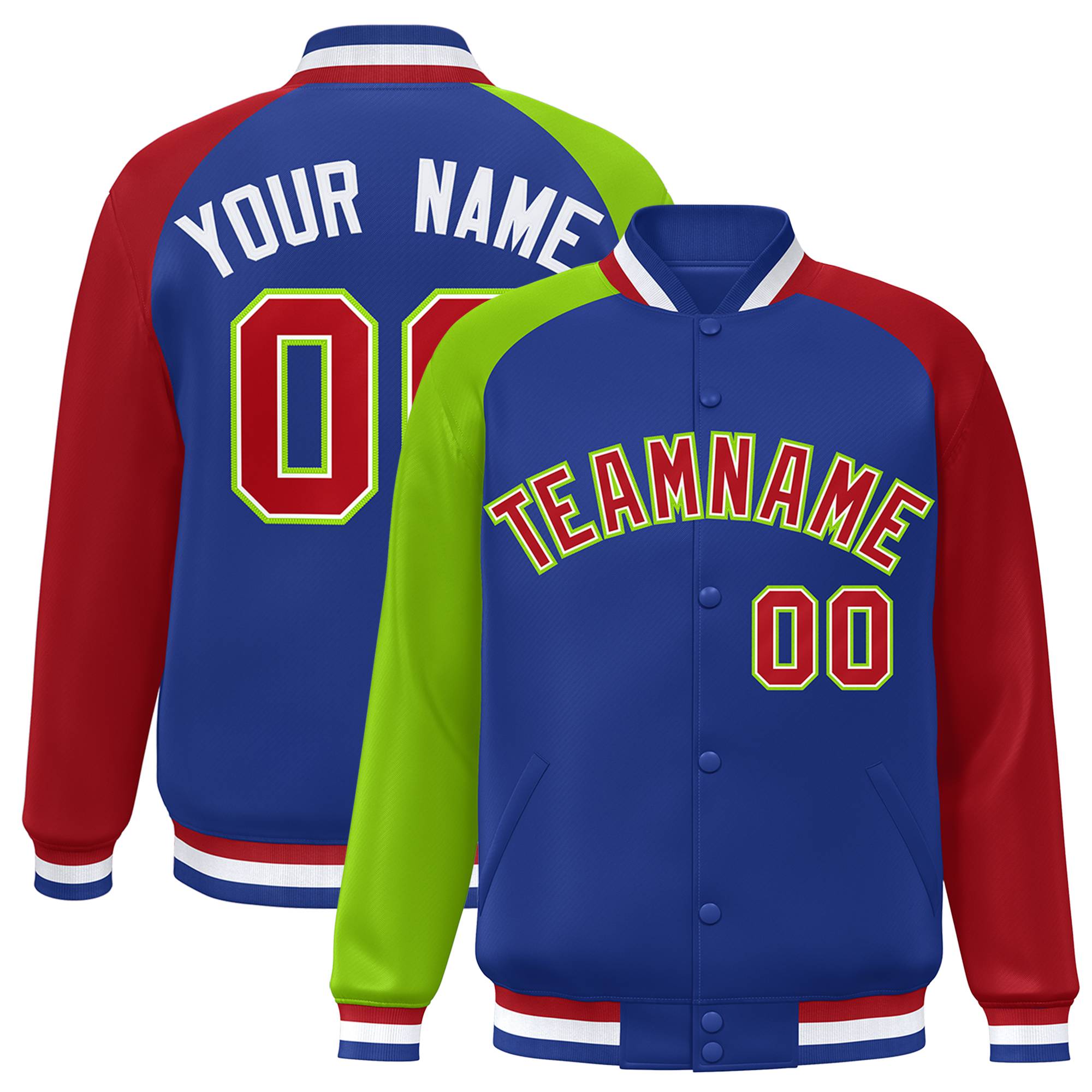 Custom Royal Red-Neon Green Varsity Full-Snap Authentic Raglan Sleeves Letterman Bomber Jacket