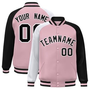 Custom Light Pink Black-White Varsity Full-Snap Authentic Raglan Sleeves Letterman Bomber Jacket