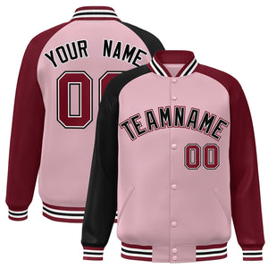 Custom Light Pink Crimson-Black Varsity Full-Snap Authentic Raglan Sleeves Letterman Bomber Jacket