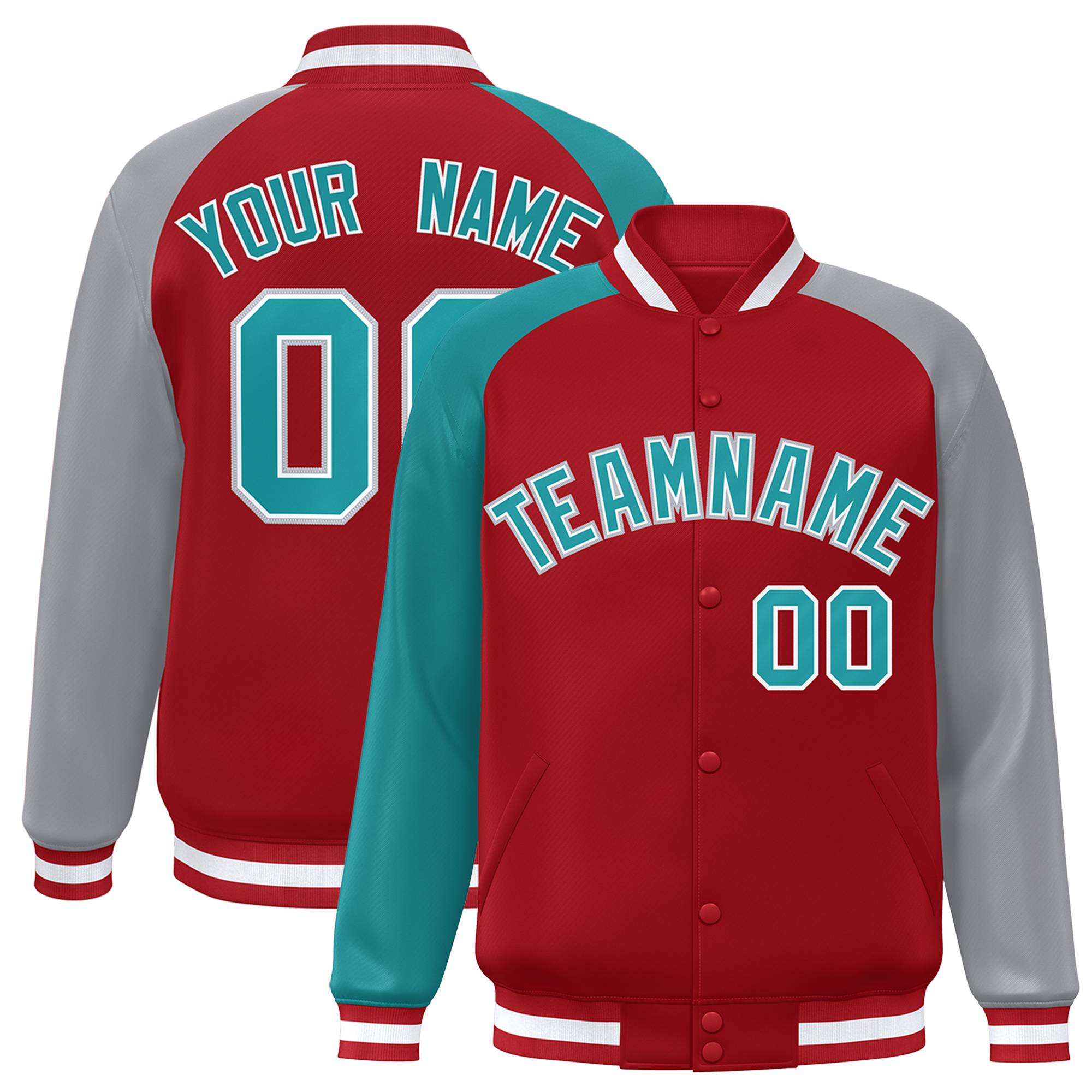 Custom Red Gray-Aqua Varsity Full-Snap Authentic Raglan Sleeves Letterman Bomber Jacket