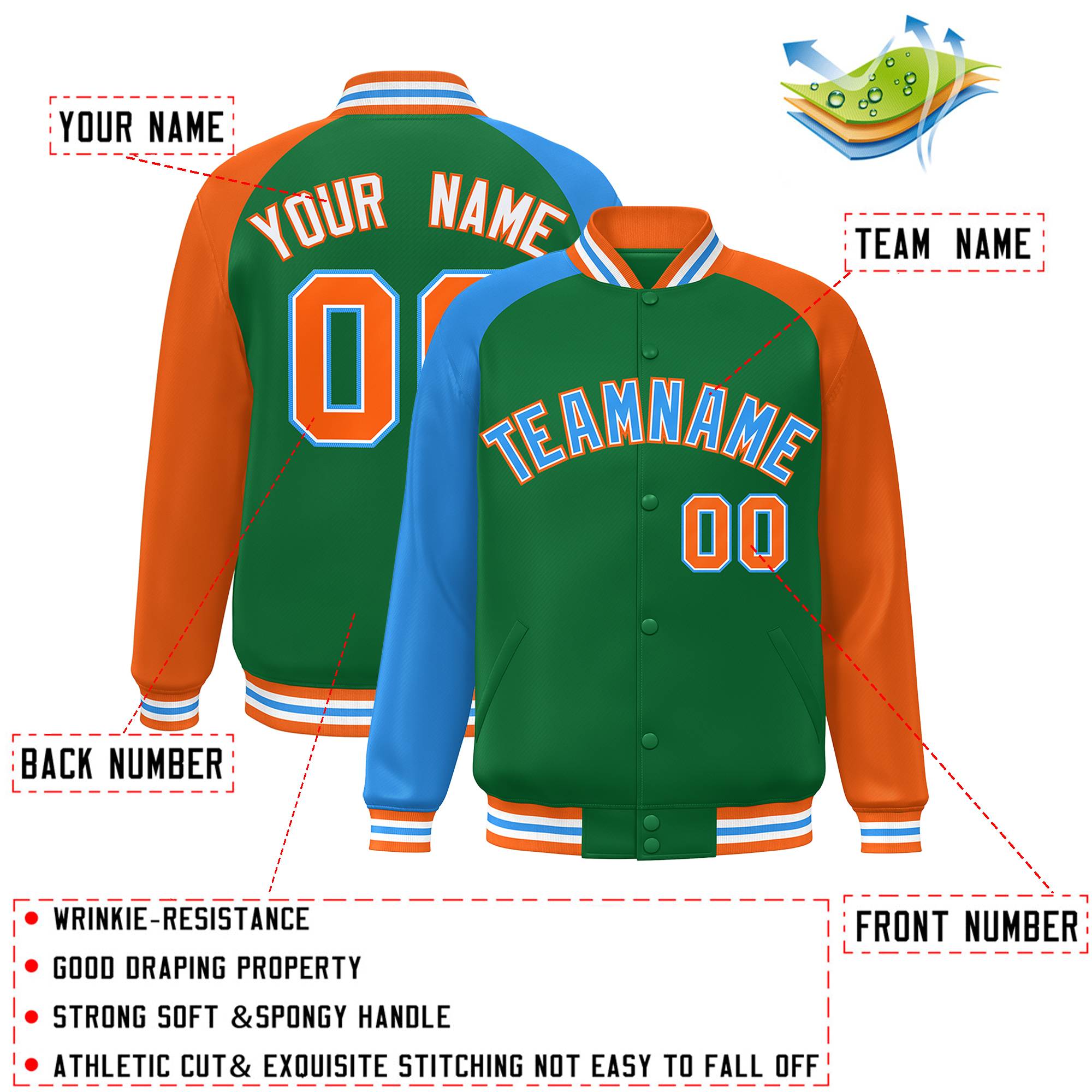 Custom Kelly Green Orange-Powder Blue Varsity Full-Snap Authentic Raglan Sleeves Letterman Bomber Jacket