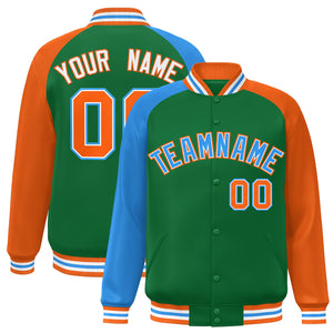 Custom Kelly Green Orange-Powder Blue Varsity Full-Snap Authentic Raglan Sleeves Letterman Bomber Jacket