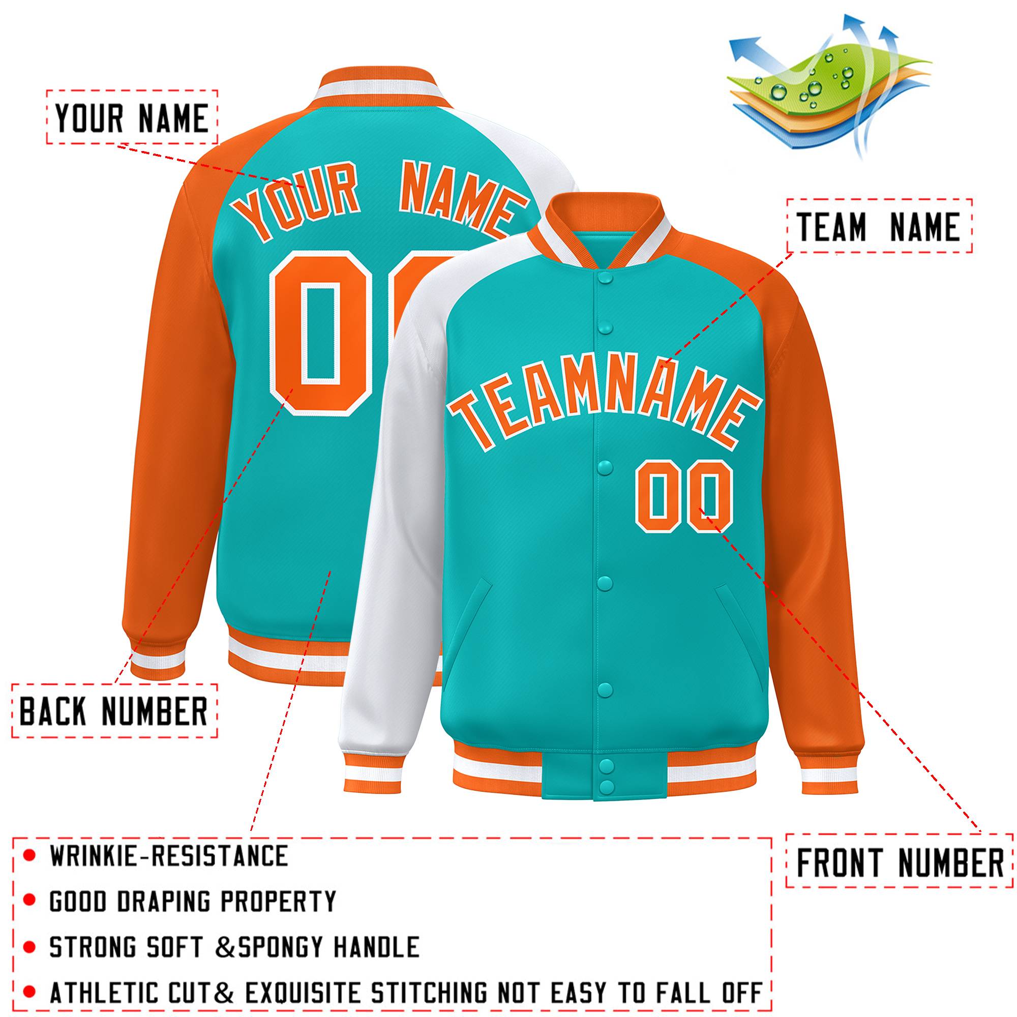 Custom Aqua Orange-White Varsity Full-Snap Authentic Raglan Sleeves Letterman Bomber Jacket